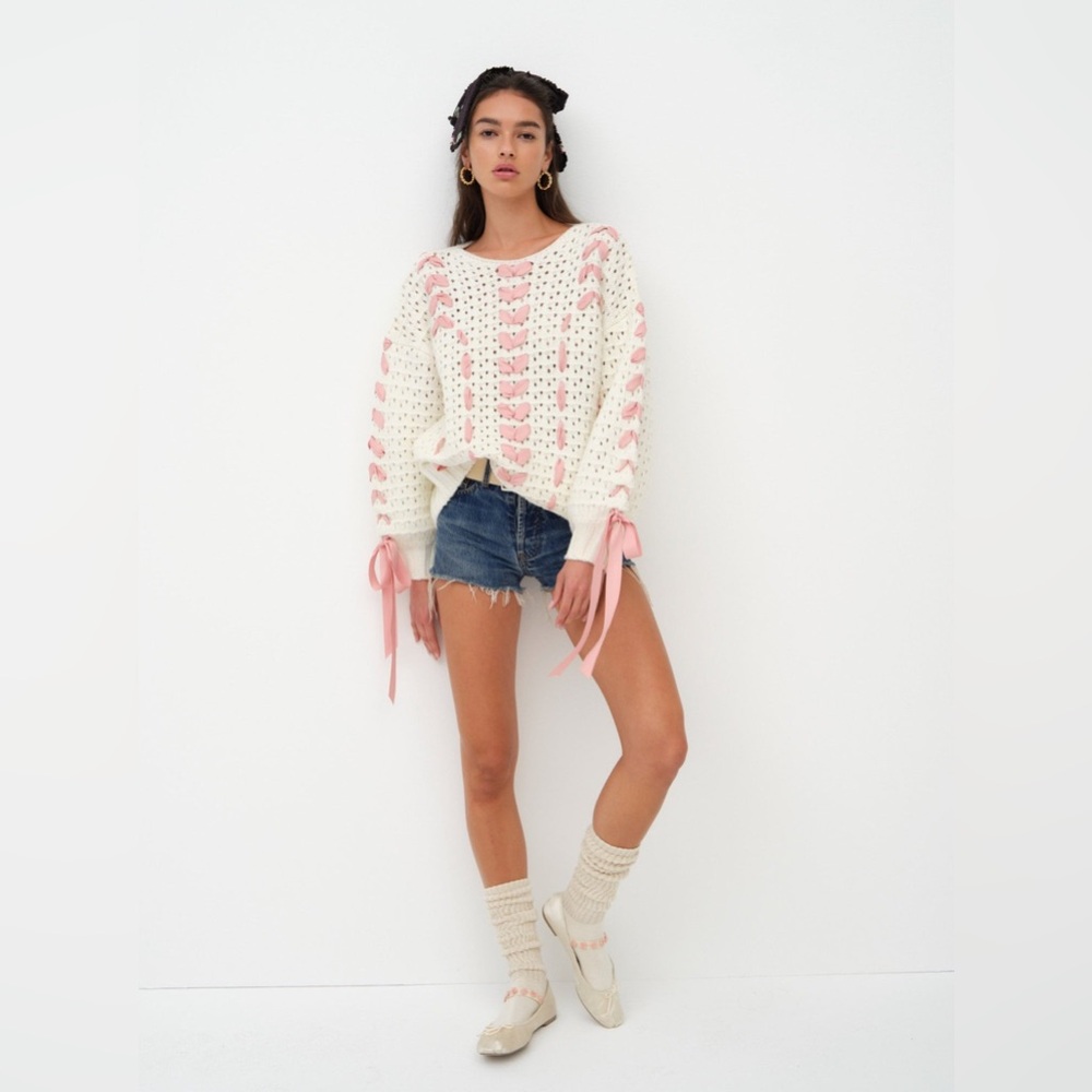 For Love And Lemons Laurel Oversized Pink Ribbon Sweater Size Small NWT - Picture 7 of 14